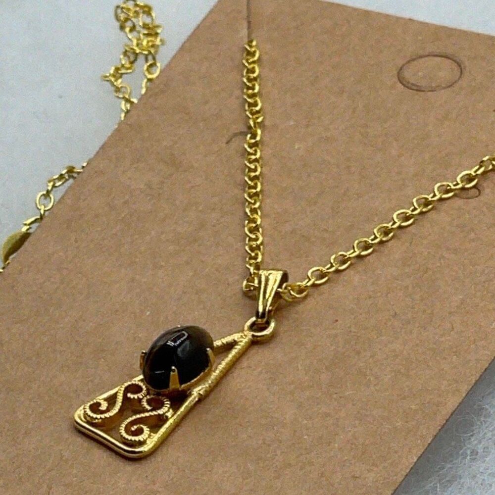 Vintage Gold GF tigereye pendant open filigree design. Modern GP chain